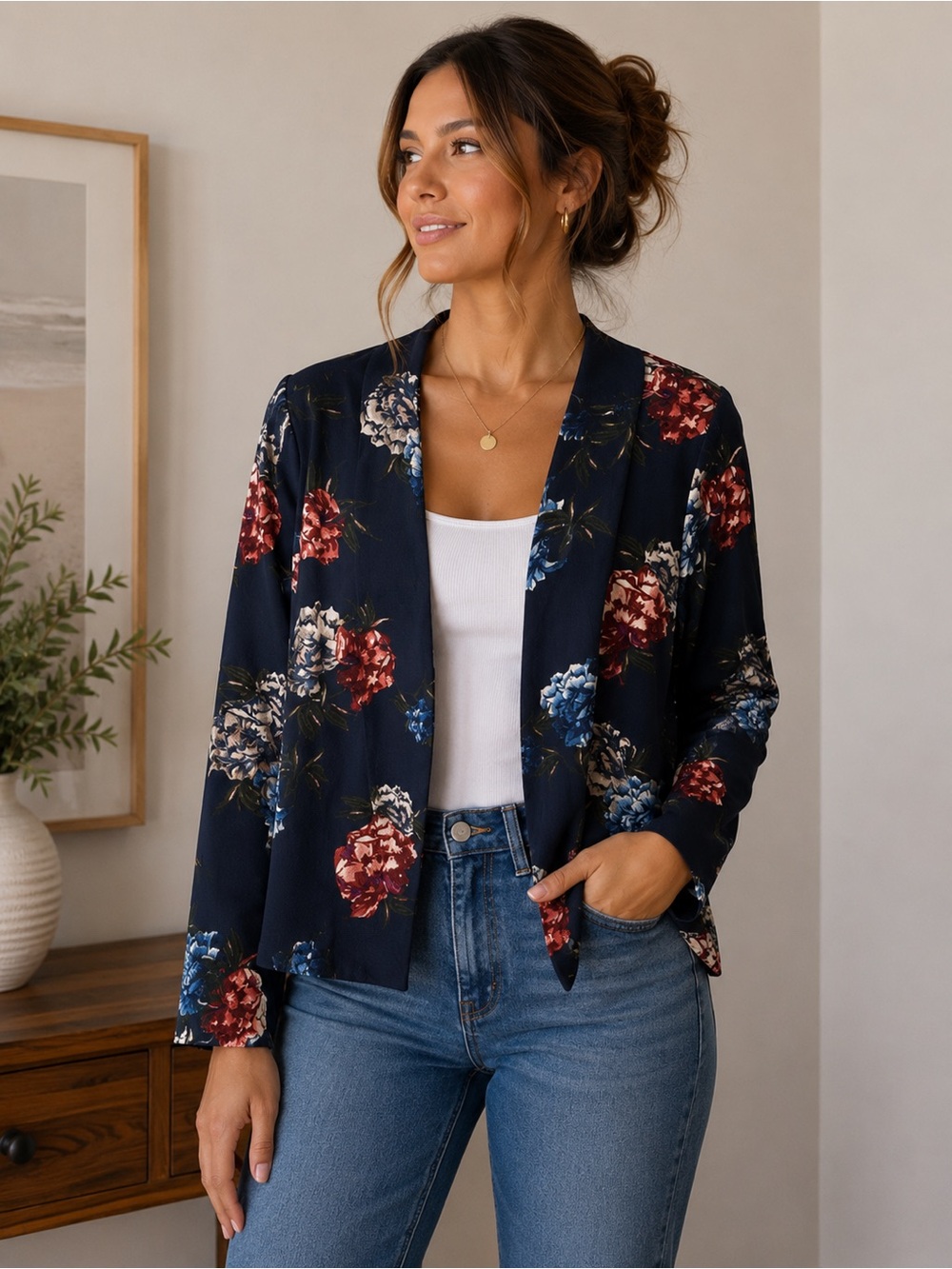 Cozy Casual Navy Floral Open Front Blazer Cardigan Jacket Size 1X Feminine